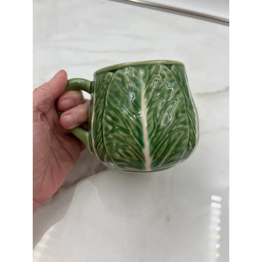Bordallo Pinheiro Cabbage Green Tea Cup and Saucer Set Made in Portugal Ceramic